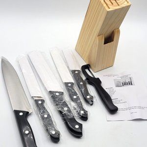 Gold Coast Knives 6 Piece Kitchen Cutlery Black Handles Wood Block New Open Box